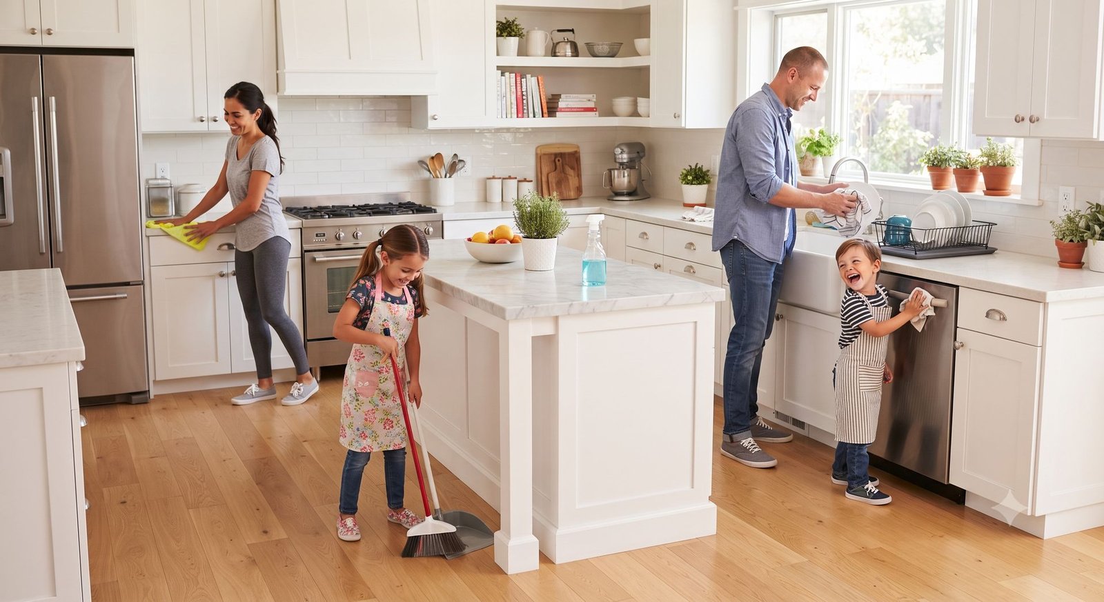 Family cleaning their kitchen together