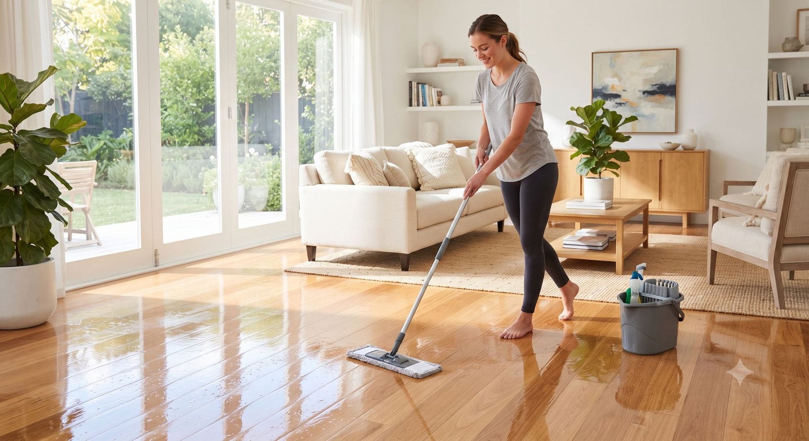 Woman mopping a bright living room floor