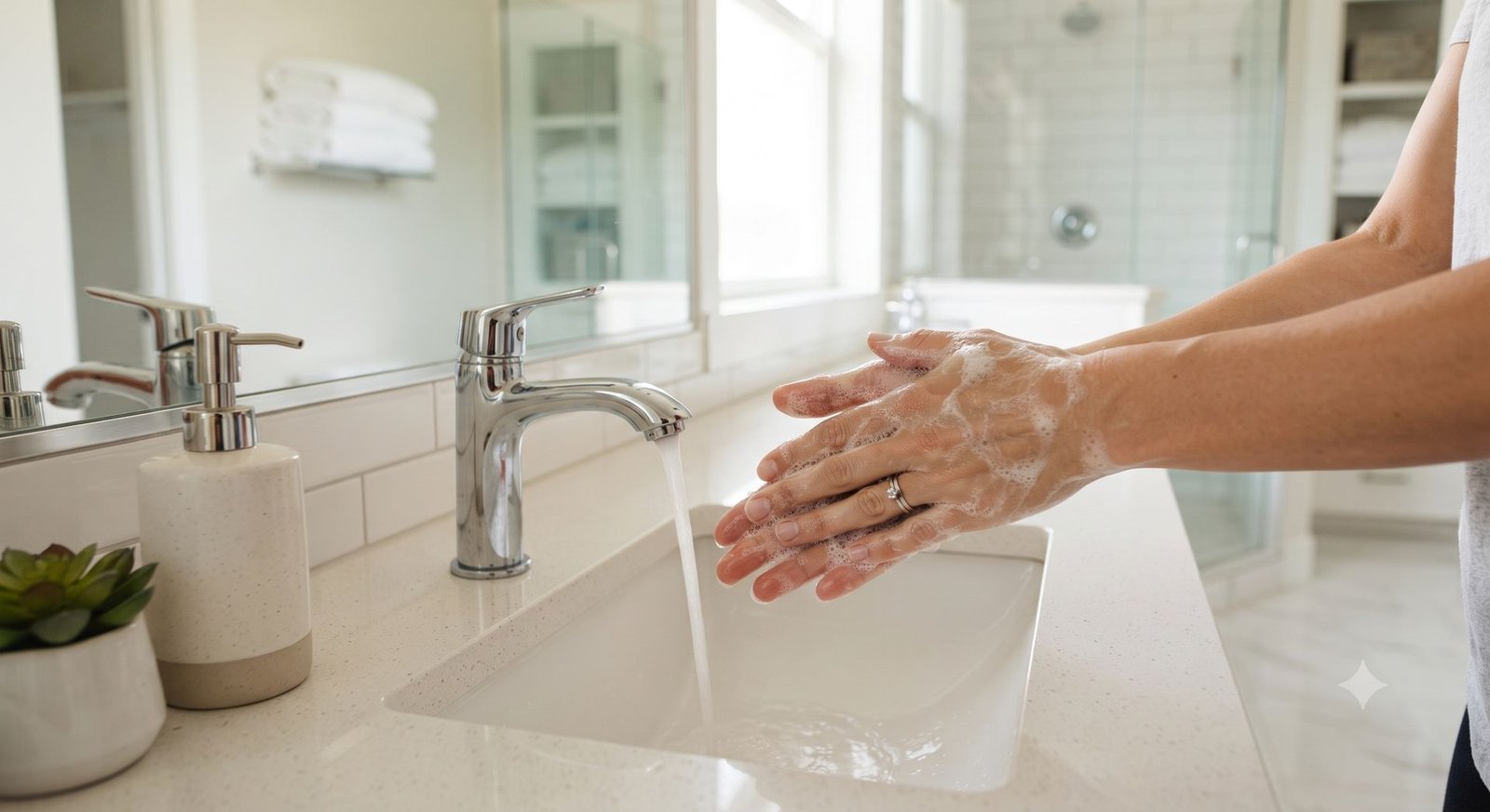 Washing hands with soap at a bathroom sink